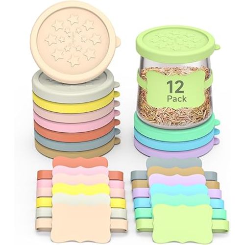 Sophico Oui Yogurt Jar Lids Silicone, 12 Pack Leak Proof Covers Fit For 5oz Oui Glass Jar with Silicone Reusable Bottle Labels, Airtight, Dishwasher Safe & BPA Free (Container Not Included)