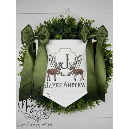 Deer Hunting Baby Banner Deer Hospital Door Announcement Sign Embroidered Bespoke Banner for Nursery Personalized Deer Boy Baby Shower Gift