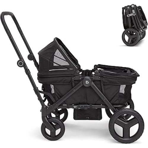 Munchkin Collapsible Wagon for Kids, Foldable, Ultra-Compact and Lightweight Stroller Wagon, All-Terrain Wheels, Adjustable Sun Canopy - Holds Up to 2 Passengers, Black