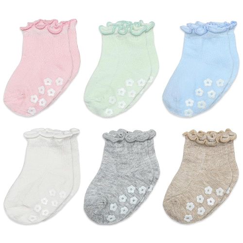 Organic Cotton Baby Socks 6 Pairs (6–12 Months) – Non-Slip Grip Socks for Infants & Toddlers, Soft Breathable Anti-Skid Socks with Cute Ruffle Design for Baby Girls & Boys