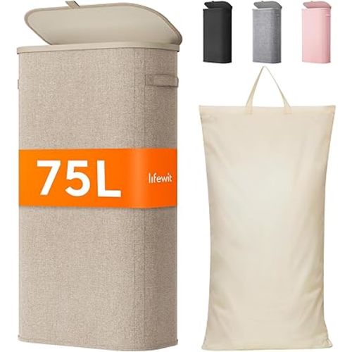 Lifewit 75L Slim Laundry Basket with Lid, Narrow Large Laundry Hamper with Plastic Handles and Removable Bag, Tall Foldable Dirty Clothes Hampers for Laundry Room, Bedroom, Bathroom, Dorm, Beige
