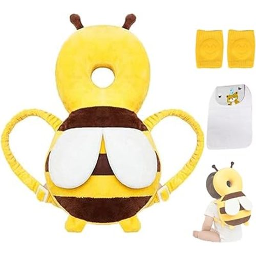 Baby Head Protector, Adjustable Baby Head Protection Backpack with Baby Knee Pads for Walking & Crawling, Soft, Breathable and Wearing Safety Baby Head Protector - Yellow Bee