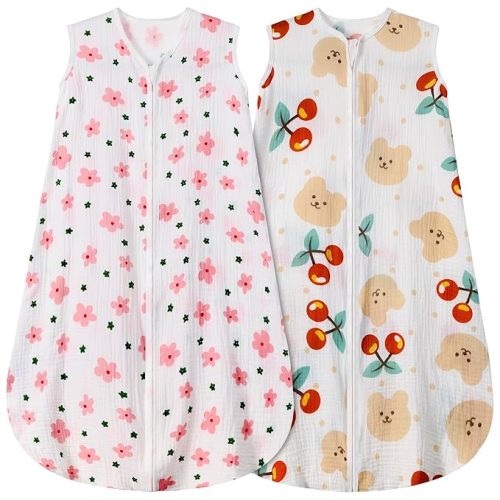 2 Pack Baby Sleep Sack 12-18 Months 100% Organic Cotton Muslin Baby Sleeping Bag 2-Way Zipper Wearable Blankets (Flower & Cherry, Large)