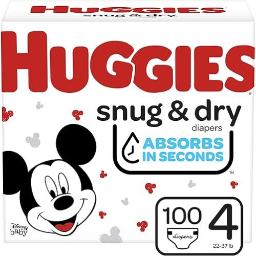 Huggies Snug & Dry Baby Diapers, Size 4, 100 Count, 22-37 lb (10-17 kg), Up to 12 Hrs Protection, Disney Mickey Mouse Designs