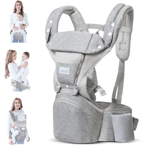 Baby Carrier Newborn to Toddler, BIUSIKAN Premium Fabric 6-in-1 Baby Carrier with Hip Seat & Head Hood(0-36 Months), One Size Fits All - Ergonomic Toddler Carrier with 3 Pieces Teething Pads(Grey)