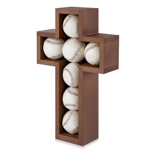 Baseball Display Case Baseball Holder for 7 Balls Display Wall Mount Cross Wooden Shadow Box for Collecting Memorabilia Autographed Balls