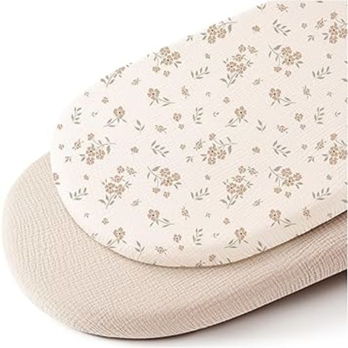 Konssy 2 Pack Muslin Fitted Bassinet Sheets for Baby Girl Boy, Soft Breathable Baby Bassinet Sheets Fit for Baby Bassinets, Cradle, Moses Basket Oval Rectangle Pad/Mattress (Blossom,Cream)