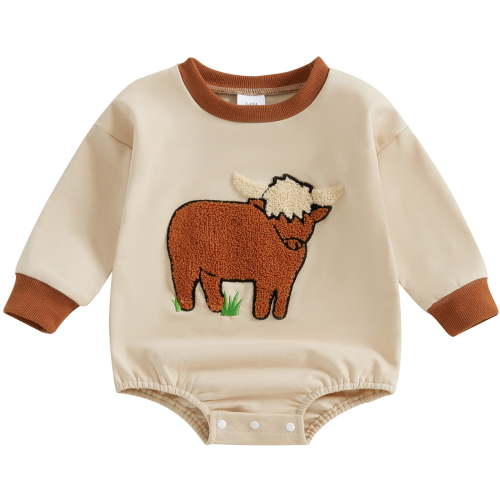 Newborn Infant Baby Boys Girls Sweatshirt Romper Cattle Embroidery Long Sleeve Jumpsuit Farm Clothes