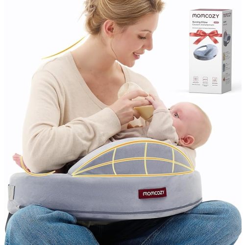 Momcozy Innovative Safety Guard Nursing Pillow - Firm & Springy Memory Foam - Stable, Ergonomic Support & Comfort - Wider Breastfeeding Cushion, Adjustable, Removable Cover, Baby Safety Certified