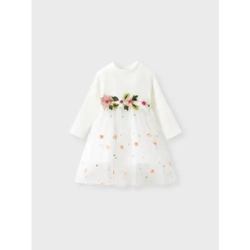 Baby Girl White Ribbed Long-sleeve Splicing Floral Embroidered Mesh Fairy Dress Only $18.99 PatPat US Mobile