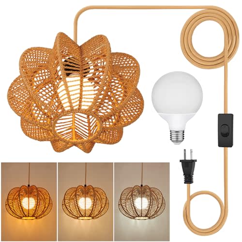 tebio Plug in Pendant Light,3 Color Bulb Rattan Hanging Lights with Plug in Cord 15FT Power Cord, Hanging Lamps That Plug into Wall Outlet for Boho Living Room（Bulb Included）