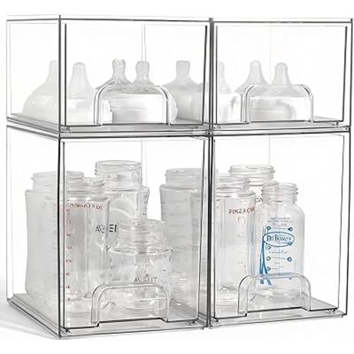 Baby Bottle Organizer, 4 Pack Clear Space-Saving Stackable Drawer with Handle, Baby Bottle Storage Organizer for Countertop and Cabinet