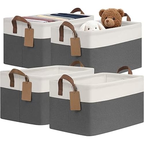 CHICVITA 4 Pack Large Storage Baskets for Shelves, Collapsible Closet Organizer Bins with Handles, Decorative Shelf Baskets for Bedroom Living Room, 16.8" x 11" x 9.8", Gray & White