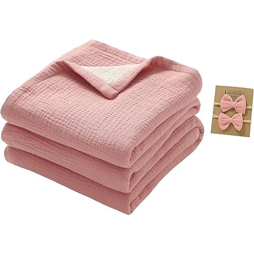 4 Layers Muslin Baby Blankets for Girls,100% Cotton Muslin Toddler Blanket,Crib Blanket,Muslin Swaddle Blankets,Soft and Lightweight Baby Quilt for Boys and Girls 47 * 47" (Pink+Khaki)