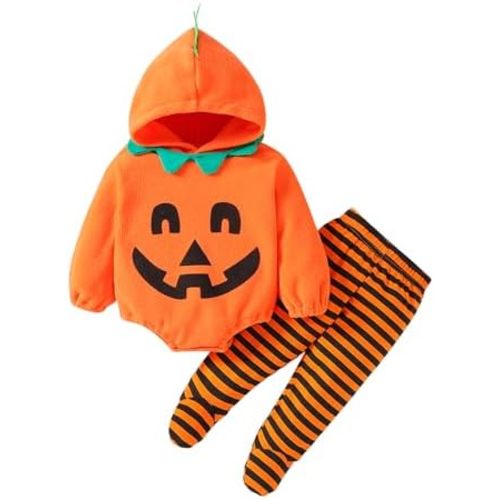 WOLBAY 2Pcs Newborn Infant Baby Boy Girl Fleece Halloween Pumpkin Costumes Hoodie Romper Onesie Cotton Pants Outfit