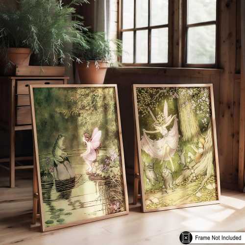 2-Piece Vintage Fairytale Poster - Fairy Dancing In The Forest With Rabbits And Piper Print - Mythical Art - Fairy And Frog Art