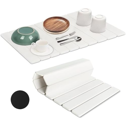 Large Stone Drying Mat for Kitchen Counter | Premium Diatomaceous Earth Coaster Set for Dishes | Non-Slip Kitchen Sink Mat | Fast-Absorbing, Eco-Friendly | 24" x 15.5" (Modern White)
