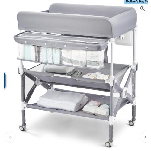 GARVEE Portable Baby Changing Table, GARVEE Foldable Diaper Change Table with Wheels, Adjustable Height, Cleaning Bucket, Changing Station for Infant Mobile Nursery Organizer for Newborn, Grey