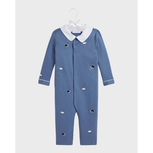 Boy's Embroidered Collared Coverall, Size Newborn-9M