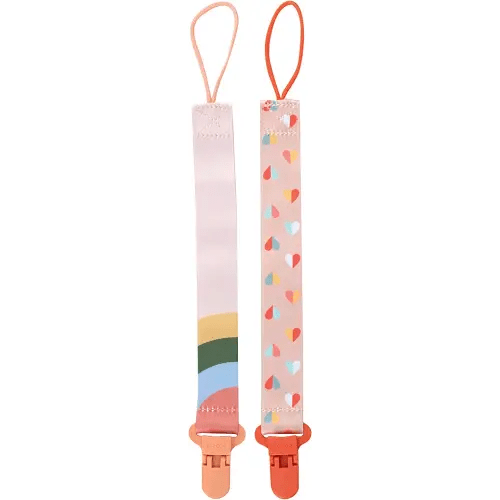 Nuby Pacifinder Pacifier Clip, 2 Pack Pacifier Holder for Girl, Peach with Stripes and Peach with Hearts