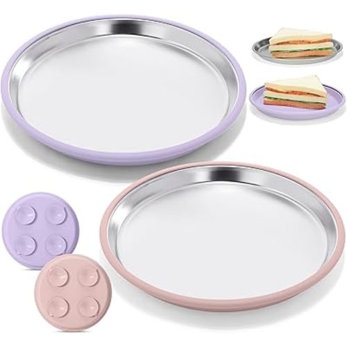 Nuogo 2 Pack 304 Stainless Steel Toddler Plate with Suction 9" Metal Plates with Removable Silicone Shell for Kids Non Slip Unbreakable Toddler Dinner Snack Dish for Dishwasher (Pink,Purple)