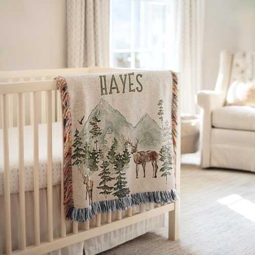 Woodland Baby Blanket Personalized Deer Boys Blanket Wildlife Name Blanket Hunting Cotton Woven Quilt Forest Heirloom Baby Gift