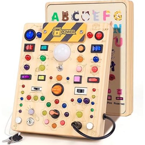 Busy Board with 19 LED Light Switches, Montessori Toys for 1 2 3 Years Old, Wooden Sensory Board, Toddlers Toys Activity Travel Toys for 1 2 3 Year Old Boy & Girl Birthday Gift (Big)