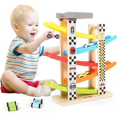 Montessori Toy for 1-3 Years Old Boys and Girls, Kid Wooden Race Track Car, Toddler Ramp Racer Set with 5 Mini Cars & 5 Ramps, Perfect for Babies' Birthday Gifts, Visit Gifts