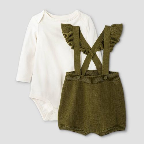 Baby Girls' 2pc Ruffle Shoulder Bodysuit & Sweater Set - Cat & Jack™ Olive Green