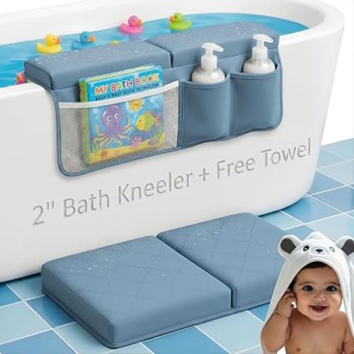 2inch XL Baby Bath Kneeler and Elbow Rest Pad Set + Hooded Towel - Embroidered Kneeling Pad for Bathing Baby - Dual-Layer Memory Foam Bathtub Kneeler and Elbow Rest Set