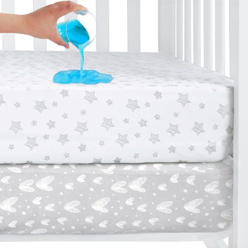 Waterproof Crib Sheet - 2 Pack, 100% Organic Cotton, Grey & White (for Standard Crib/ Toddler Bed)