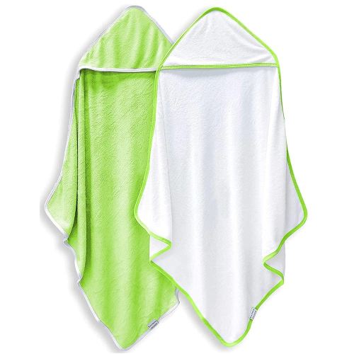 2 Pack Baby Bath Towel - Rayon Made from Bamboo, Ultra Soft Hooded Towels for Kids - X Large Size for 0-7 Yrs (White and Green, 37.5 x 37.5 Inch)