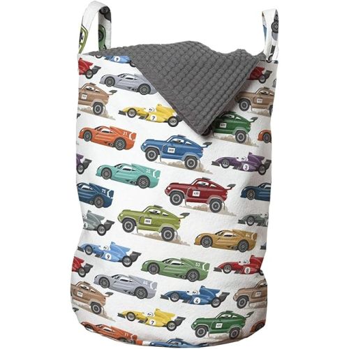 Ambesonne Race Car Laundry Bag, Diagonally Arranged Colorful Various Vehicles Speeding Uphill on a Plain Backdrop, Hamper Basket with Handles Drawstring Closure for Laundromats, 13" x 19", Green Red