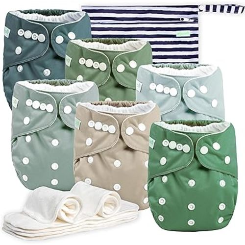 wegreeco Cloth Diapers 6 Pack with 6 Inserts & 1 Wet Bag, Washable Cloth Diapers for Babies, One Size Adjustable Reusable Diapers Baby (Morandi Green)