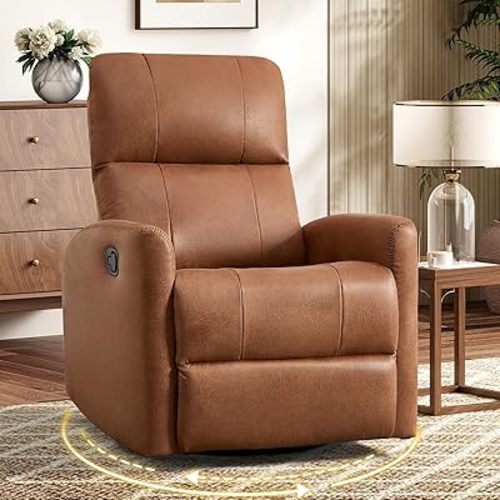 HAOMARKETS Swivel Rocker Recliner Chair, Manual Faux Leather Glider Rocking Recliners for Adults, 360° Swivel Nursery Reclining Sofa with Padded Backrest for Living Room, Dark Brown