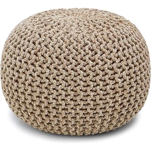 REDEARTH Round Pouf Ottoman - Hand Knitted Cable Boho Poof Home Décor Pouffe Circular Footrest for Living Room - Nursery - Bedroom - Lounge 100% Cotton (19.5"x19.5"x14") - Beige Ivory