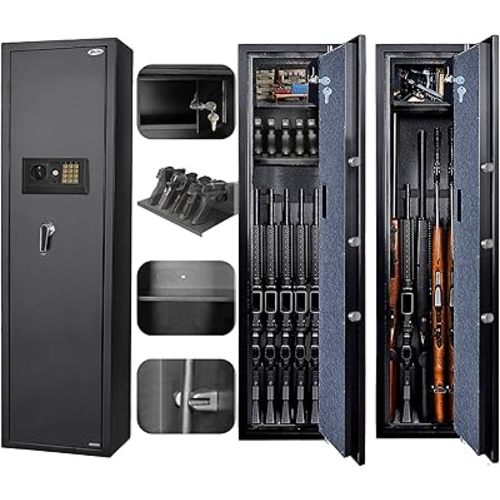 Large Rifle Safe, Long Gun Safe for Rifle Shotgun for Home, Quick Access 5-6 Gun Storage Cabinet with a Handgun Lock Box and a Removable Shelf, Silent Mode(PIN Code Version)