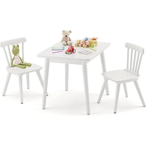 Windsor Kids Table and 2 Chair Set, Rubberwood Toddler Table and Chair Set for Art, Play, Craft, Activity, with Non-Slip Legs Round Edge Design, White