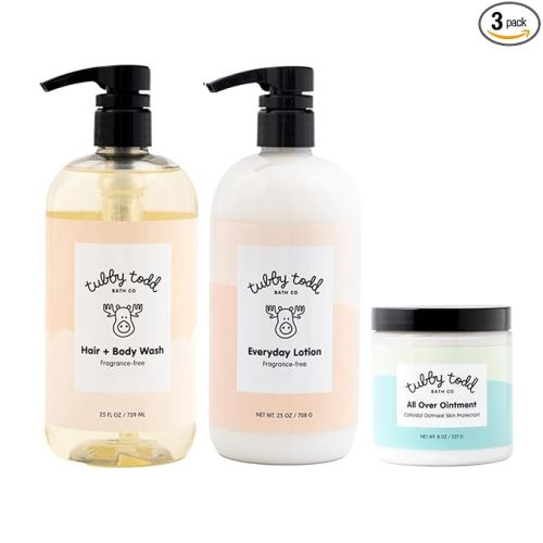 TUBBY TODD 3-Step Baby Bath & Skincare Routine - The Regulars Bundle - Baby Shampoo and Body Wash, Everyday Lotion 25 Oz & All Over Ointment 8 Oz - Fragrance-Free