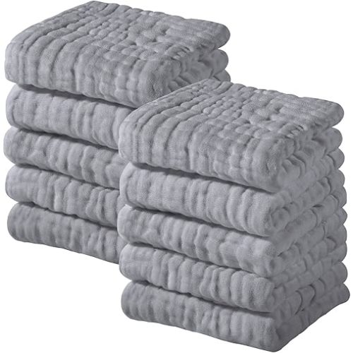Yoofoss Muslin Baby Washcloths 100% Cotton Face Towels 10 Pack Wash Cloths for Baby 12x12in Soft and Absorbent Baby Wipes (Grey)