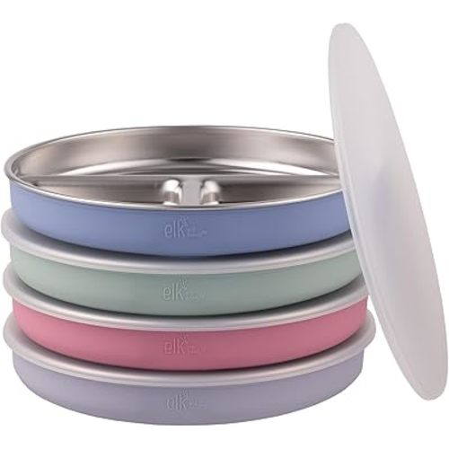 Elk and Friends Stainless Steel Divided Plates with Silicone Sleeve for Babies & Toddlers | Lids Included | Stay Put Suction | Dinner & Snack Plates | 4 Pack