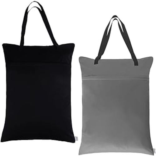ALVABABY 2 Pack Large Wet Dry Bag Waterproof Hanging Cloth Diaper with Double Zippered Pockets 25x18 inches (Black and grey)