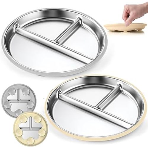 OVV Stainless Steel Kids Plates (2 Pack) – 9 Inch Toddler Divided Plates with Removable Silicone Sleeves & 5 Suction Cups Baby Self Feeding | Mess-Free Mealtime | Dishwasher Safe