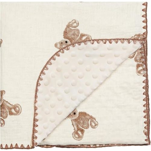 Baby Blanket 40x40 Inches,Muslin Cotton and Minky Dotted Double Layer Soft Receiving Blanket for Newborn Toddler,Brown Bear