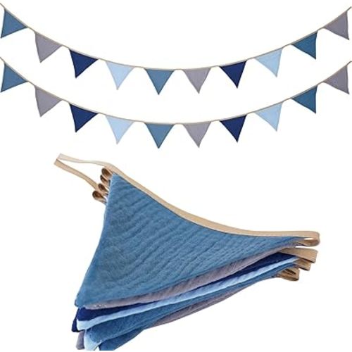 19.6ft Garland Triangle Banners, Pennant Banner Bunting Flags Fabric for Baby Shower Birthday Party Decorations Nursery Playroom Decor (Blue grey 2PCS)