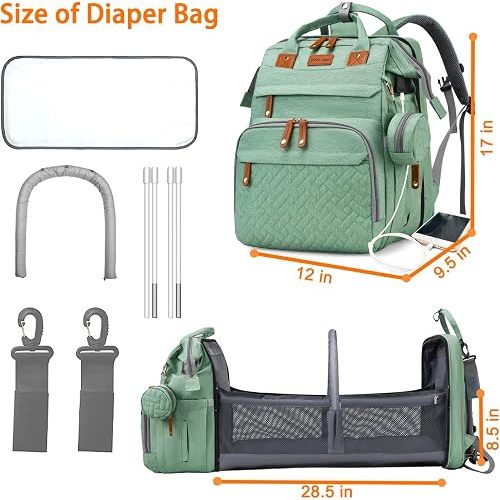 Astro alan Baby Diaper Bag with Changing Station, Waterproof Diaper Bag Backpack for Moms Dads with USB Charging Port, Baby Shower Gifts, Large Capacity diaper backpack, Pale Green