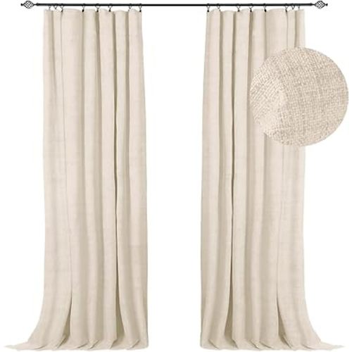 100% Blackout Shield Full Blackout Curtains for Bedroom 96 inch Length 2 Panels Set, Clip Rings/Rod Pocket Faux Linen Black Out Curtains for Living Room, Thermal Insulated, 50Wx96L, Butter Cream