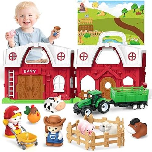 Toddler Toys for 1 2 3 Years Old Boys and Girls, Farm Animals Big Barn Toy, Farm Animal Set with Farms Play Mat, Toddler Educational Montessori Toys, Christmas Birthday Gift for Toddlers Boy and Girl