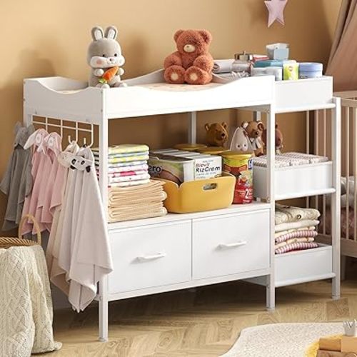 Baby Changing Table with Storage,Heavy-Duty Diaper Changing Station, White Nursery Dresser Organizer with 2 Large Fabric Baby Drawers, 3 Diaper Caddy Bin & Wood Shelf, Kids & Baby Bedroom Furniture