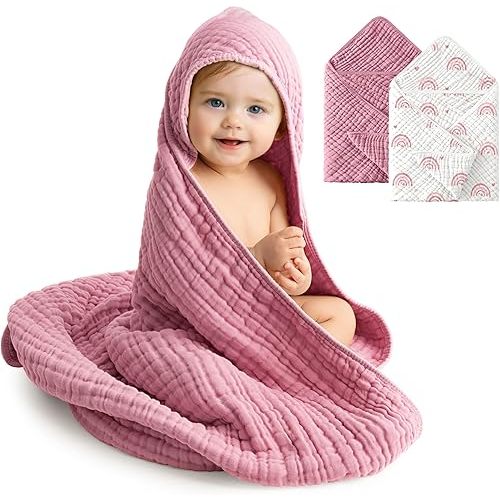 Baby Girl Bath Towels, 100% Muslin Cotton Hooded Baby Towels for Newborn, 2 Pack Baby Towels with Hood for Infant Toddler and Kids, Large 32x32Inch Bath Essentials, Soft and Absorbent